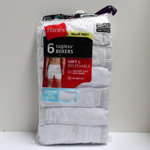 HANES NWT Men's 3XL 6 Pair Value Pack Tagless Woven White Boxers - Picture 1 of 9